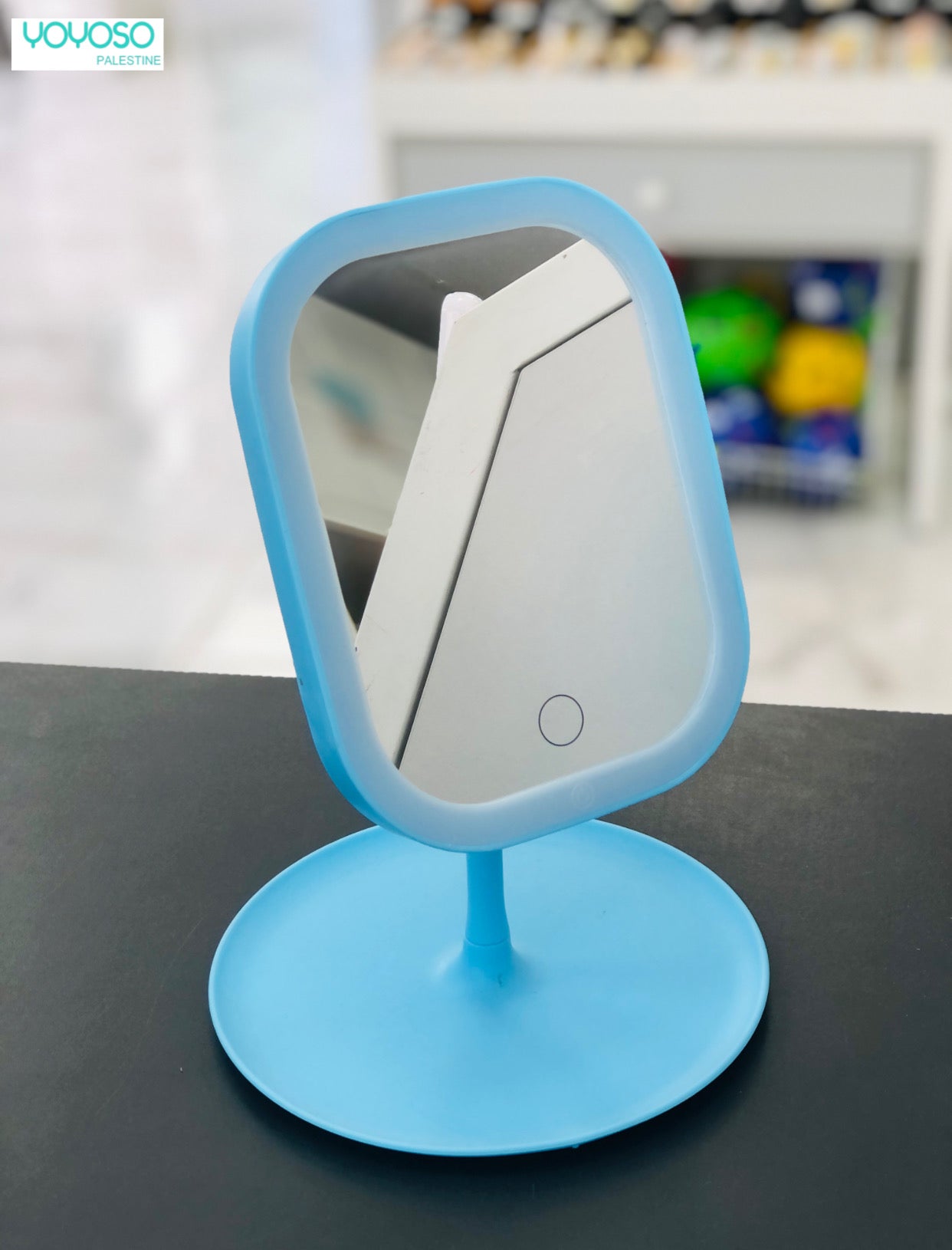 Illuminated rectangular mirror with base