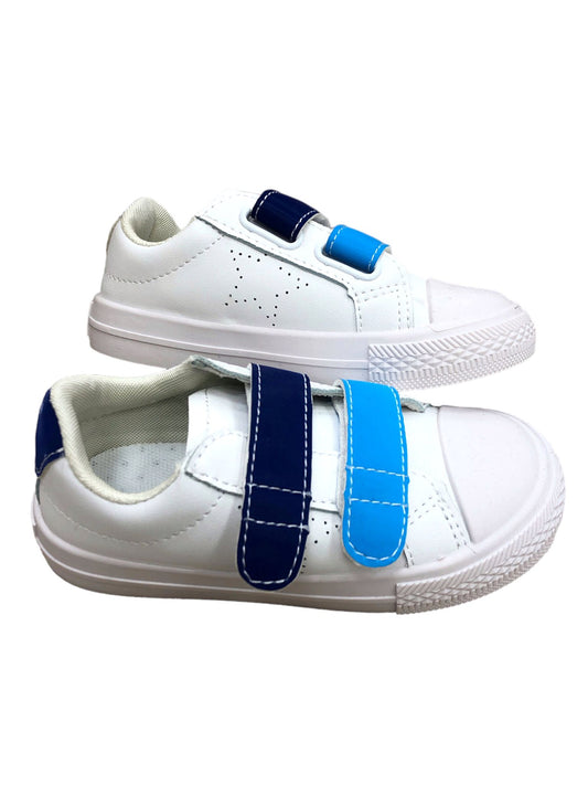 White children's shoes with blue and navy glue