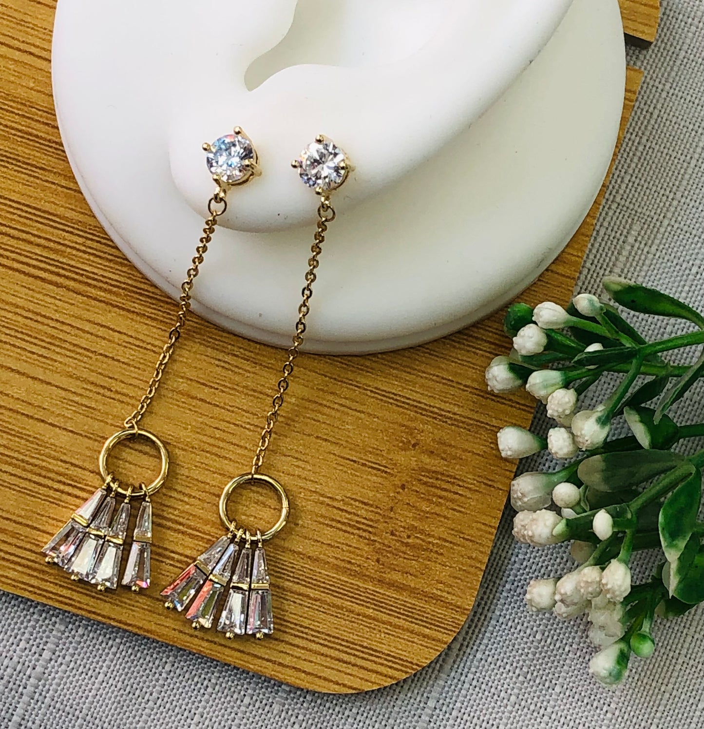 Long silver and gold strass earring