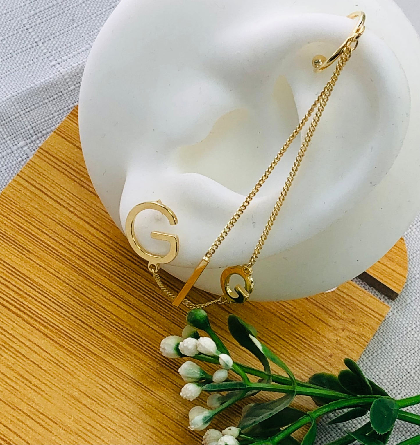 G gold long earring with letter G