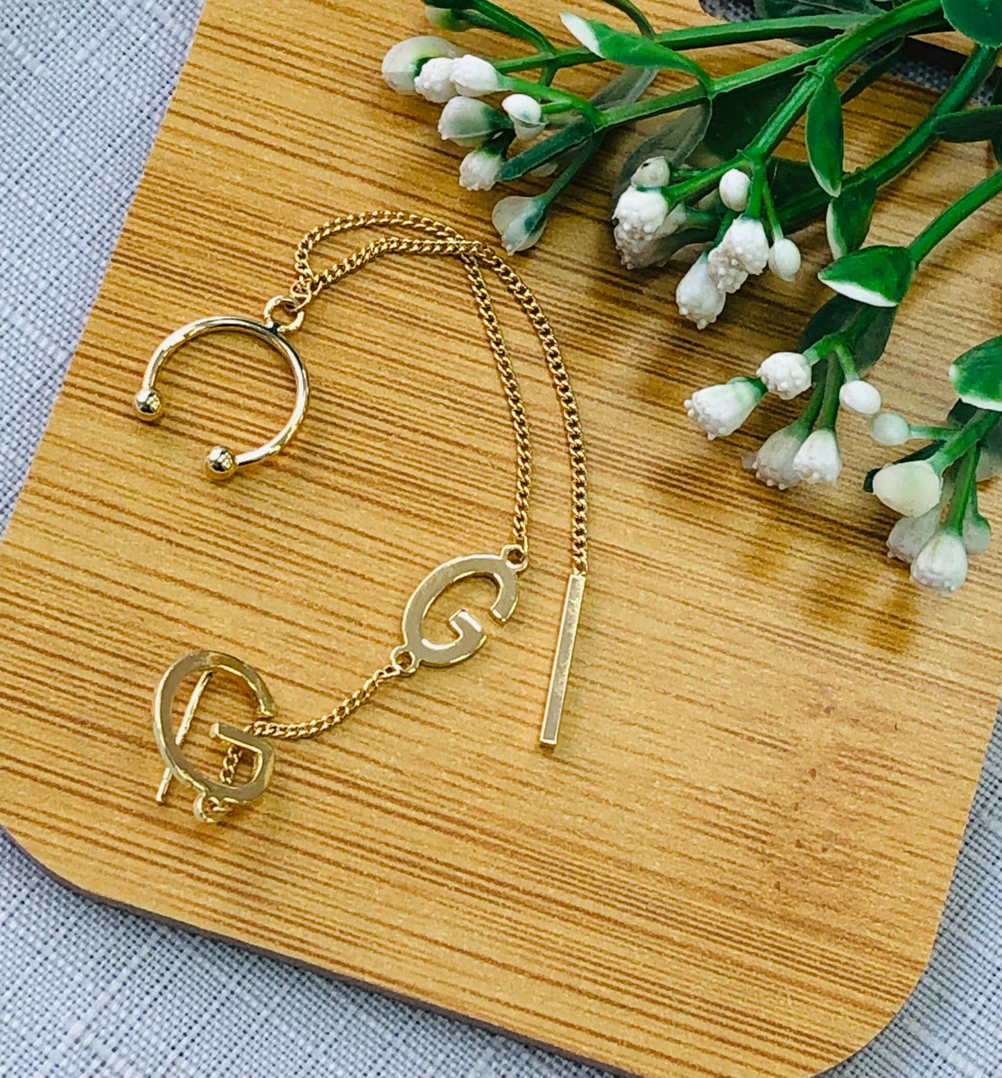 G gold long earring with letter G