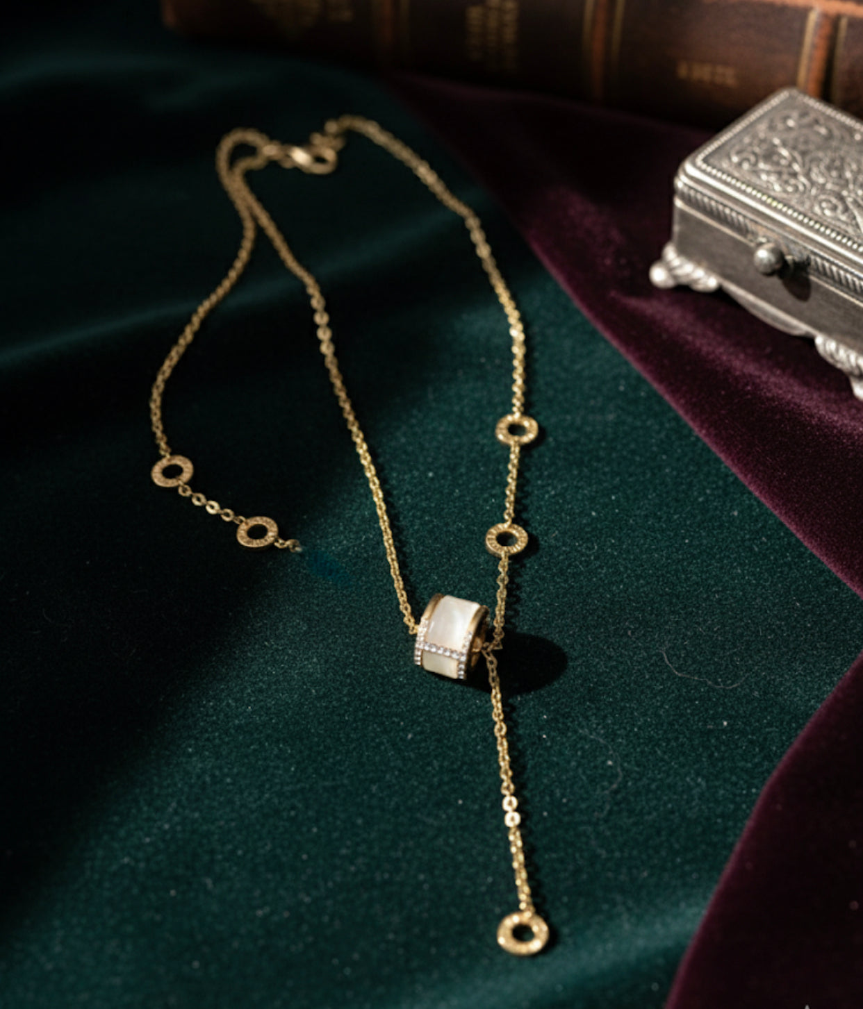 Long cylinder necklace, gold and silver