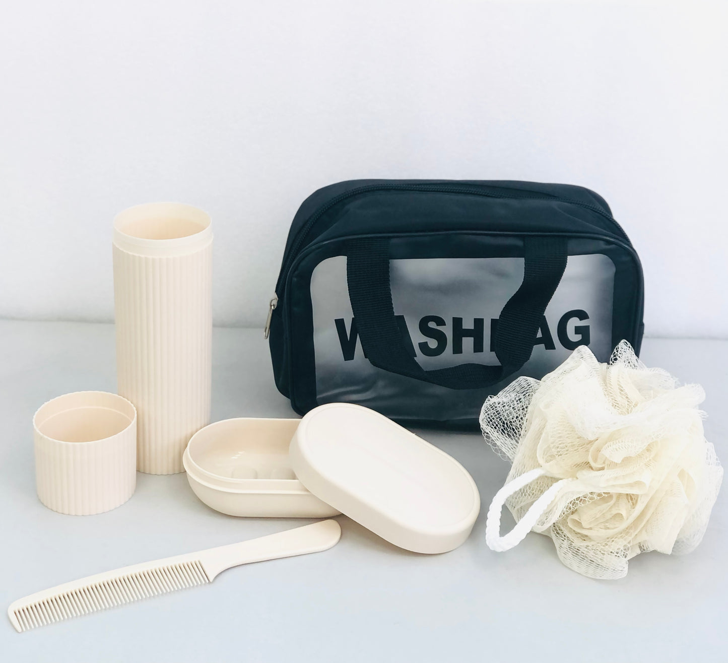 Black travel bag for organizing makeup, medium size, with care supplies