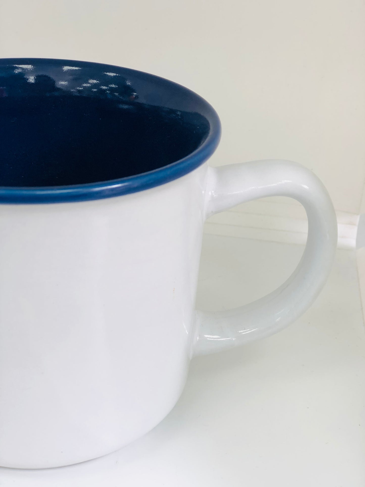 White and navy ceramic mug