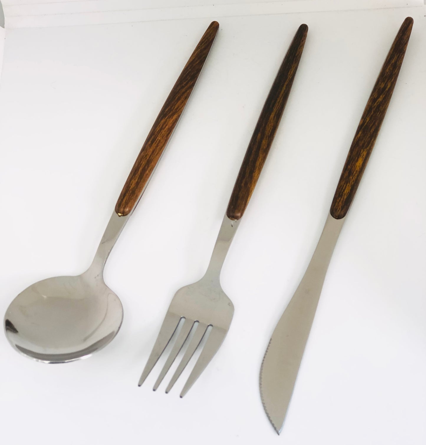 Stainless steel knife, fork and wooden spoon set