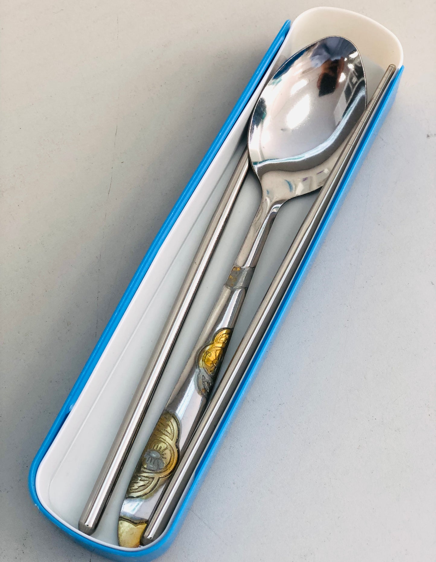 Iron chopsticks with decorated spoon and box