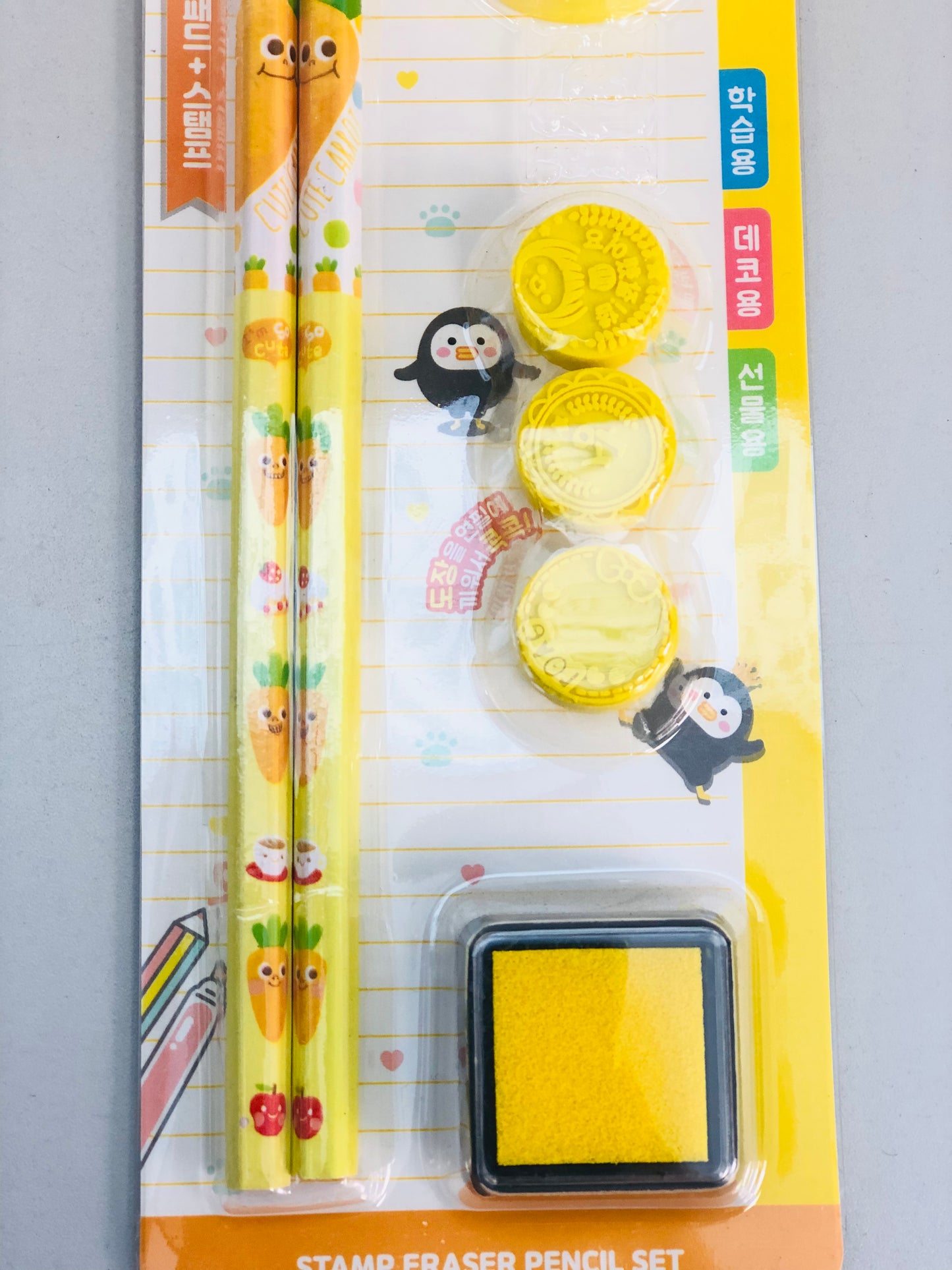 Pencil packages with stamps and sharpener