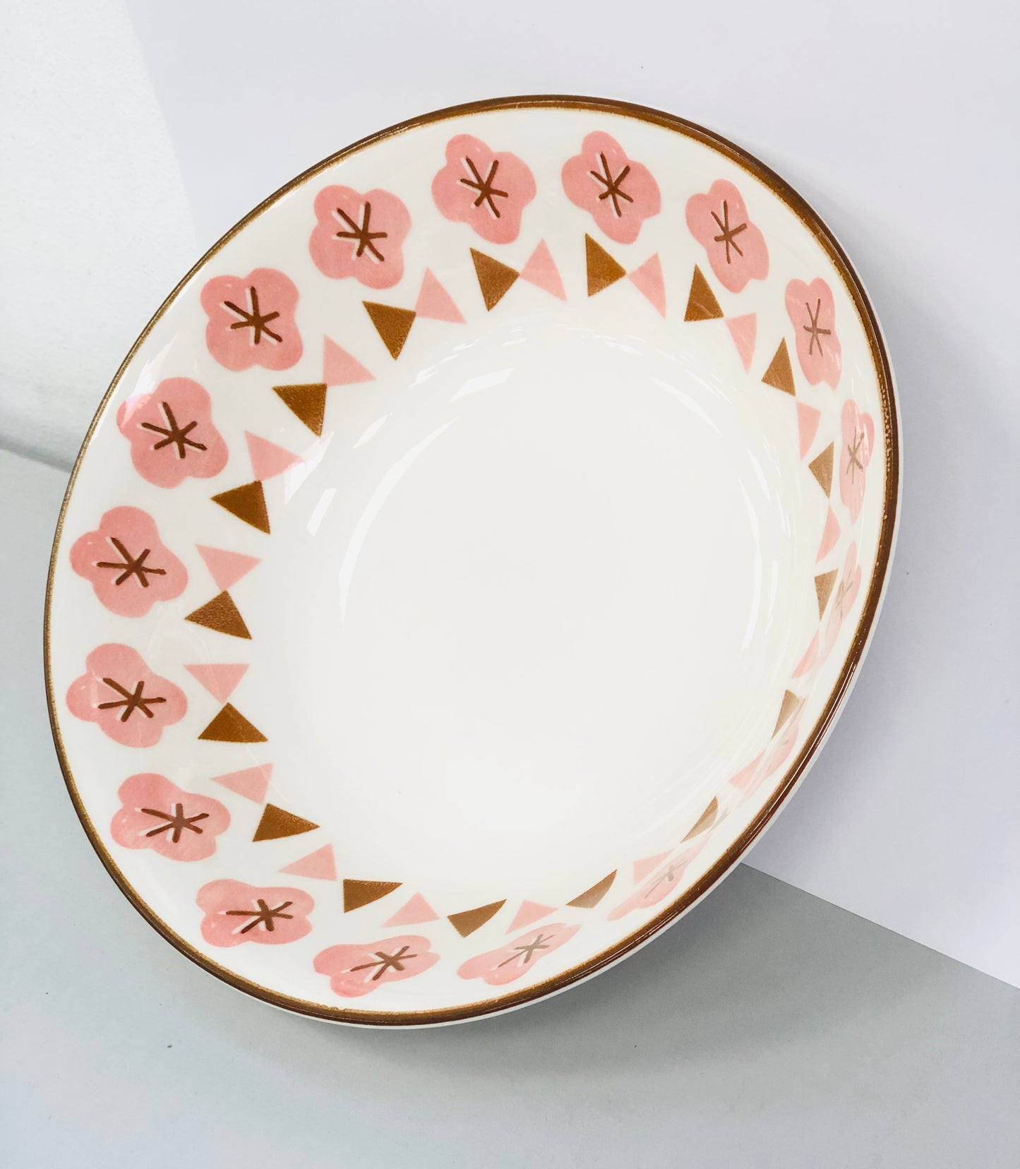 Ceramic dish, pink pattern, 7 inches