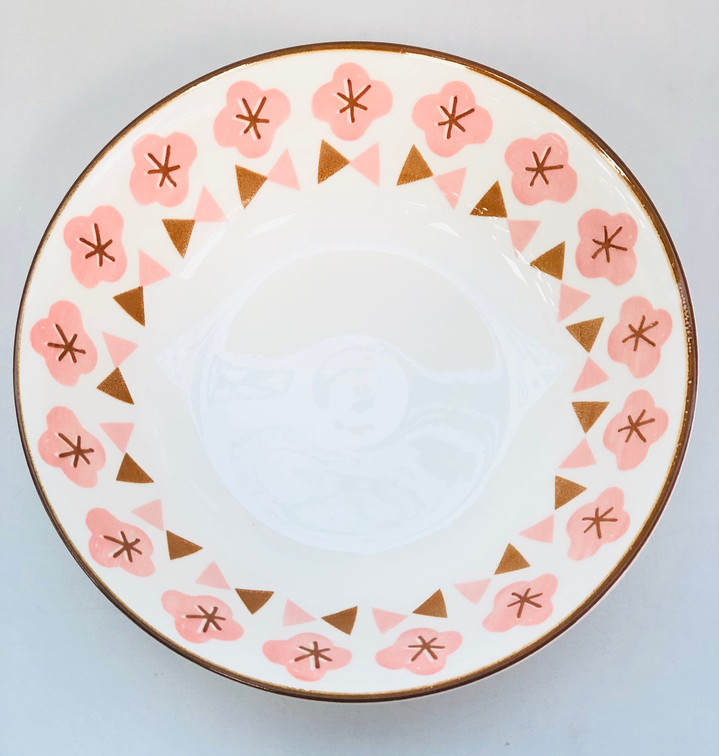 Ceramic dish, pink pattern, 7 inches