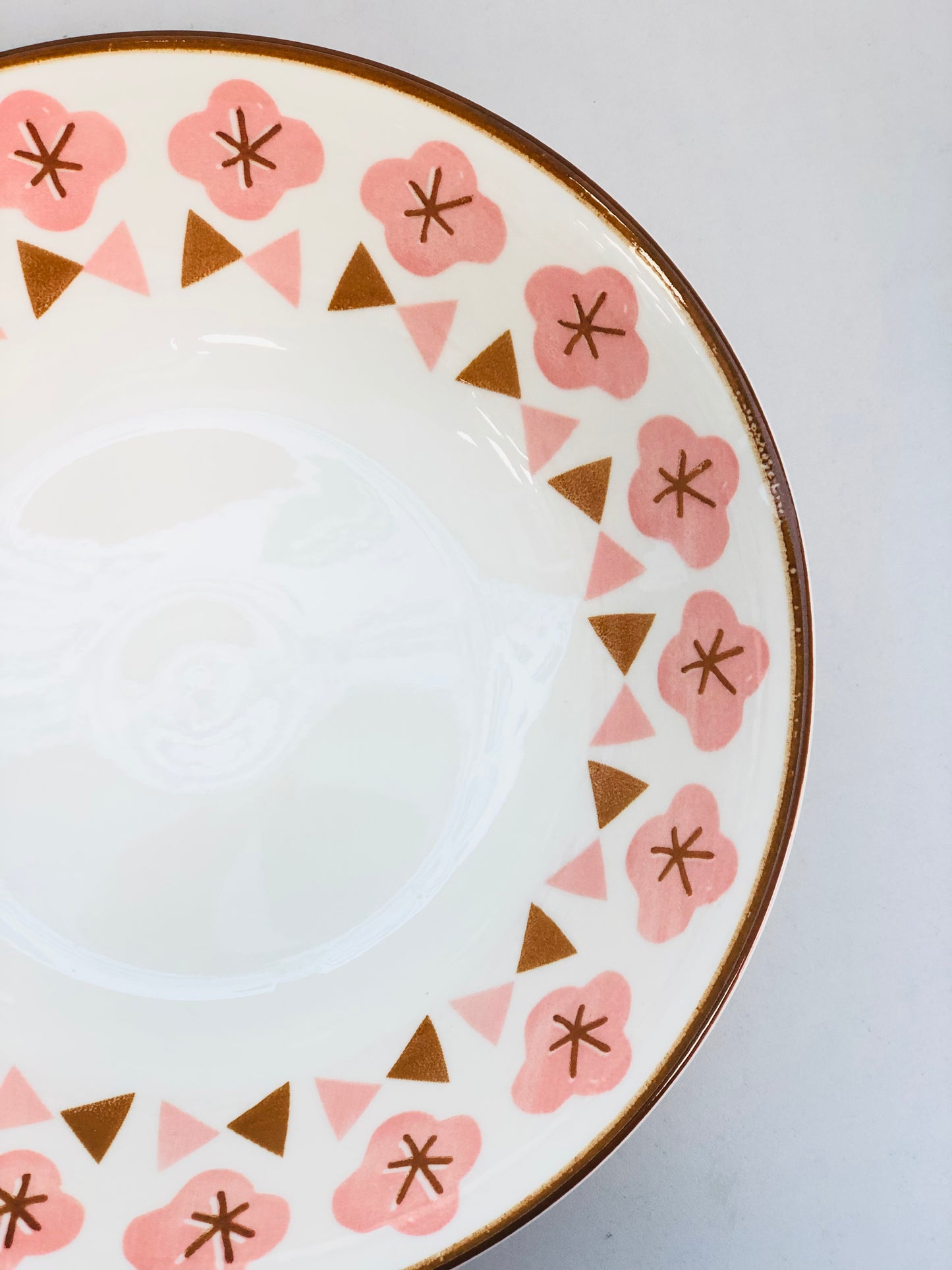 Ceramic dish, pink pattern, 7 inches