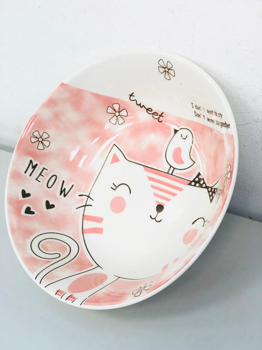 Cat ceramic dish, pink, 7 inches