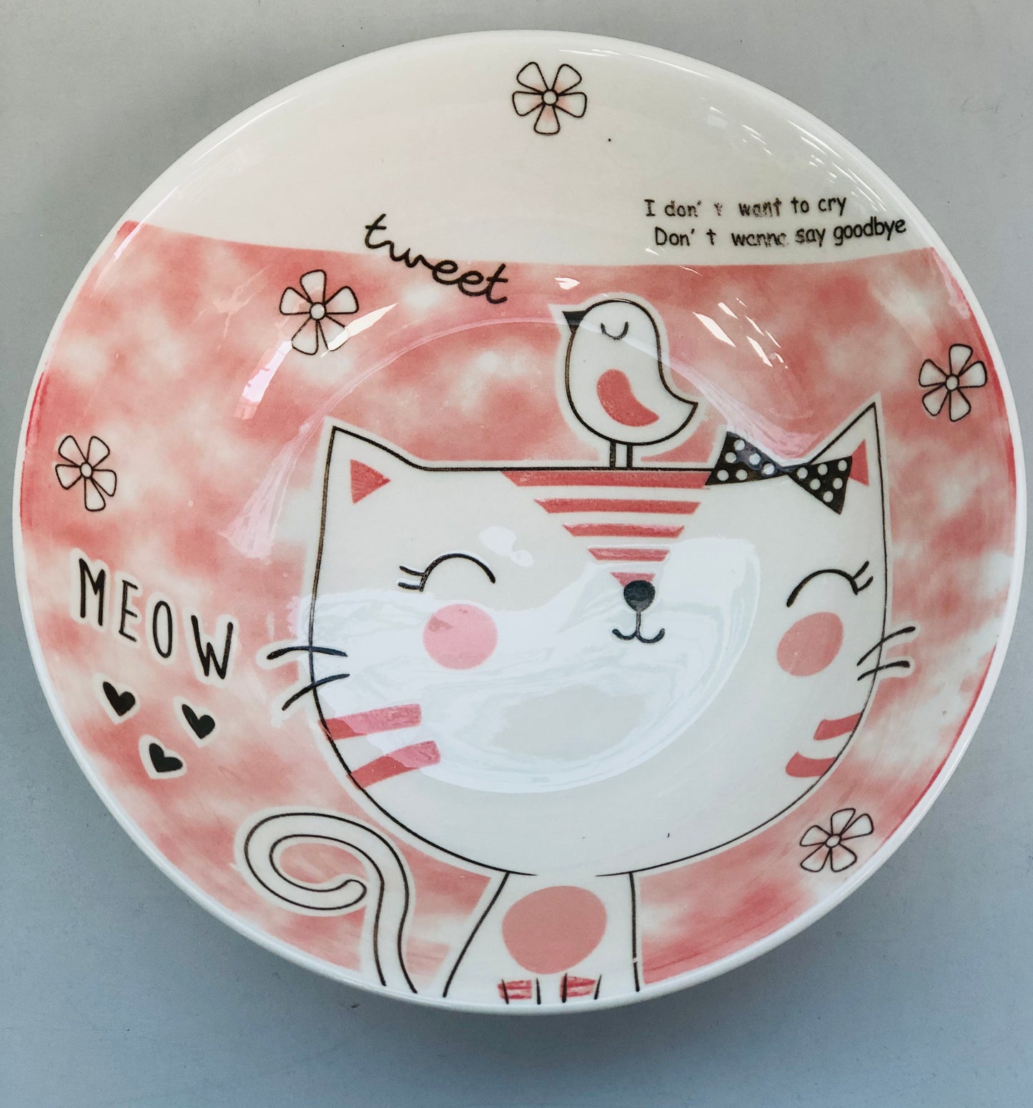 Cat ceramic dish, pink, 7 inches