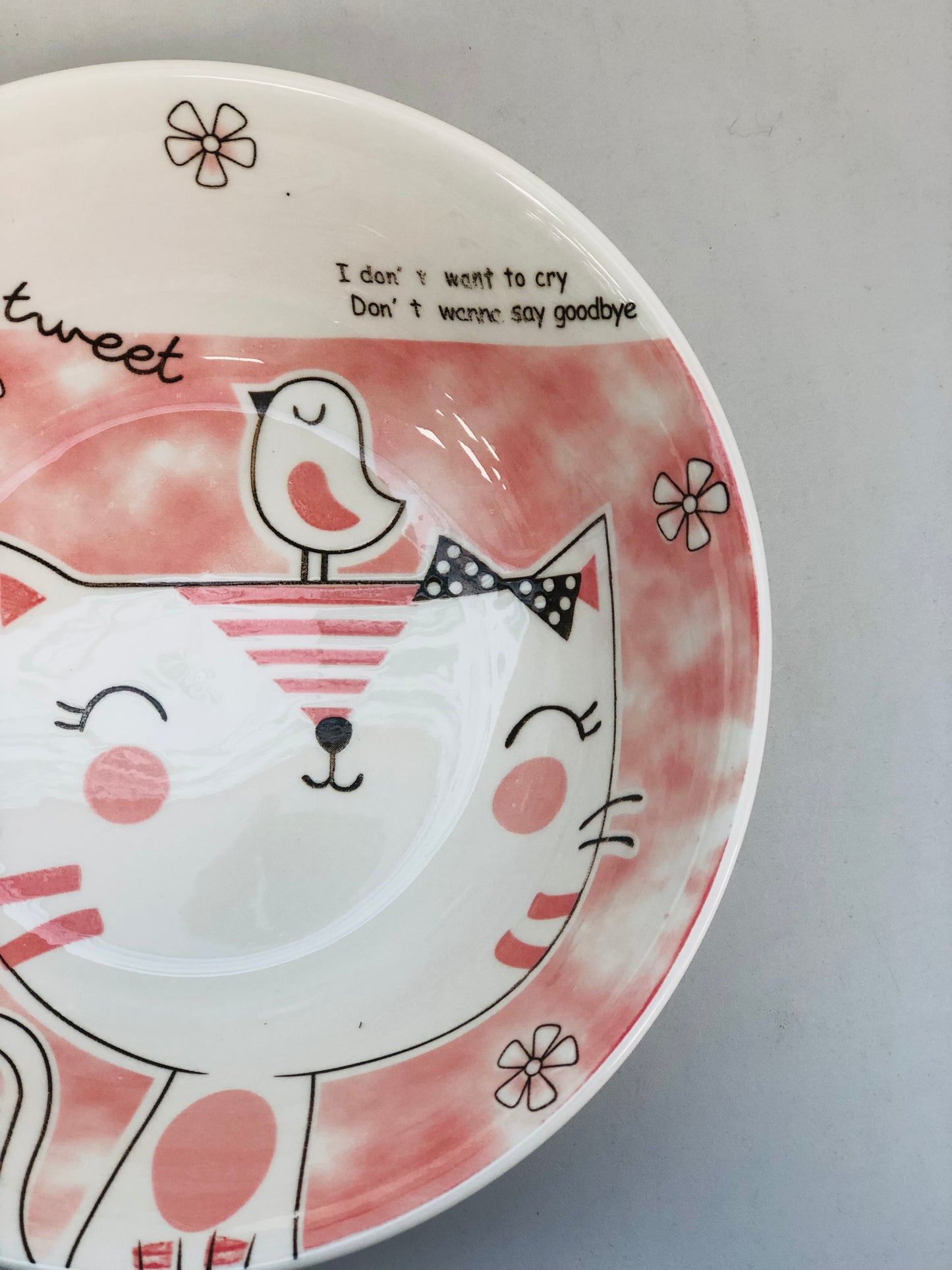 Cat ceramic dish, pink, 7 inches
