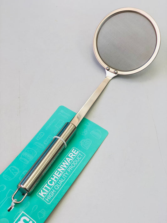 Circular stainless steel food strainer