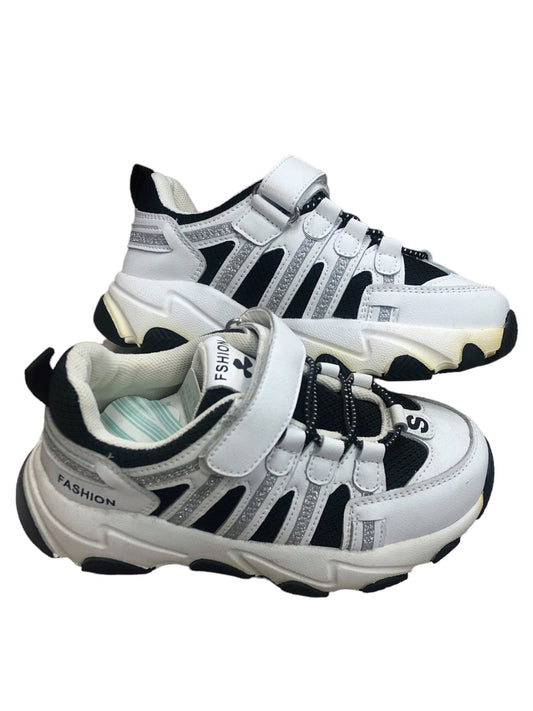 Black and white children's shoes with lace and adhesive