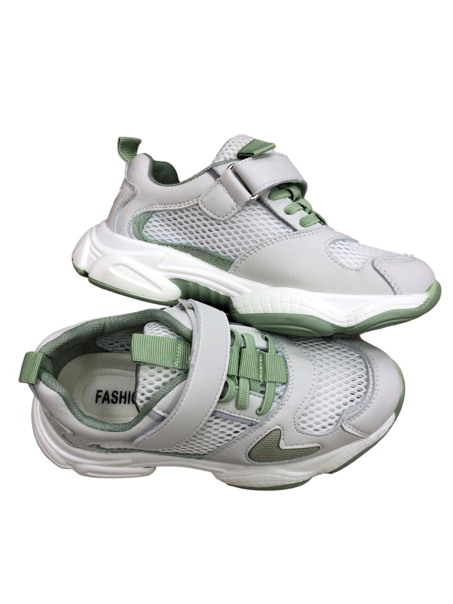 Green children's shoes with adhesive and lace