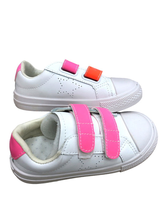 White children's shoes with pink adhesive tape