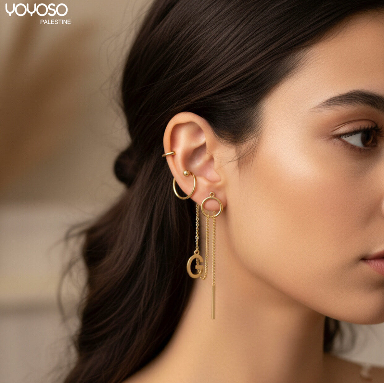 G gold long earring with letter G