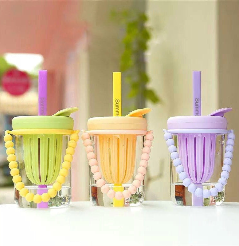 Colorful transparent cup with straw and hanger