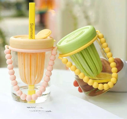 Colorful transparent cup with straw and hanger