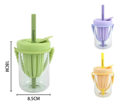 Colorful transparent cup with straw and hanger