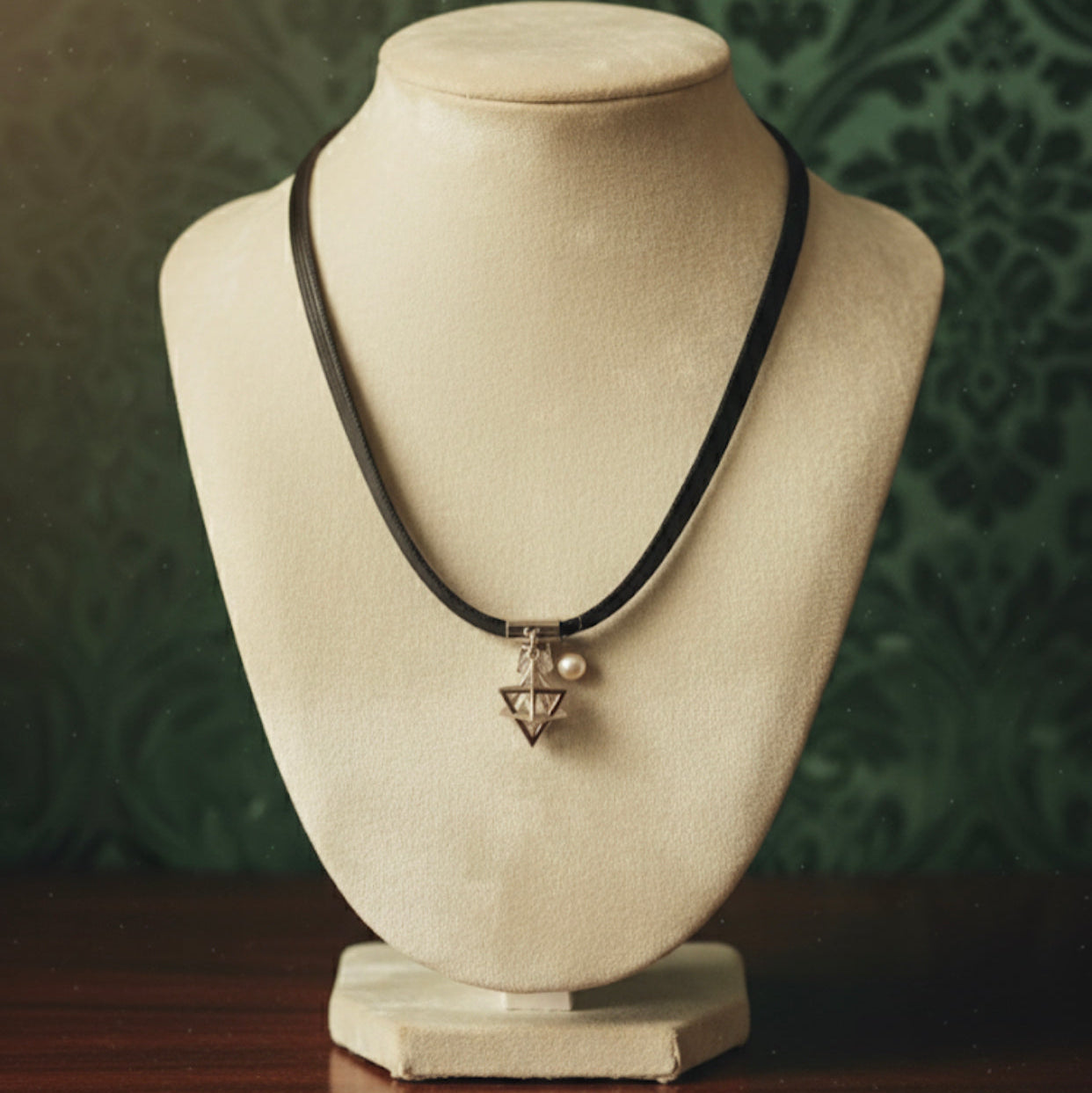 Short black leather necklace with a shaped medallion