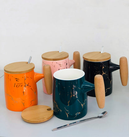 Ceramic mug with handle and wooden lid