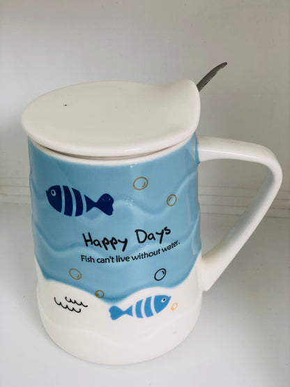 Ceramic fish mug with lid and spoon