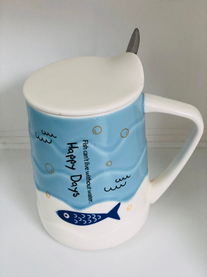 Ceramic fish mug with lid and spoon