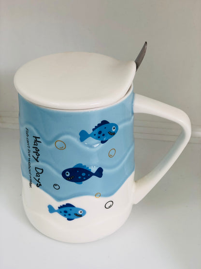 Ceramic fish mug with lid and spoon