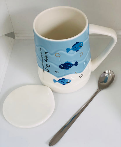 Ceramic fish mug with lid and spoon