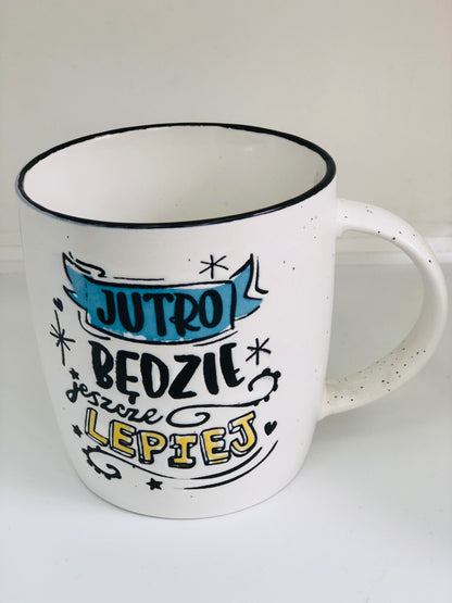 Ceramic mug with writing