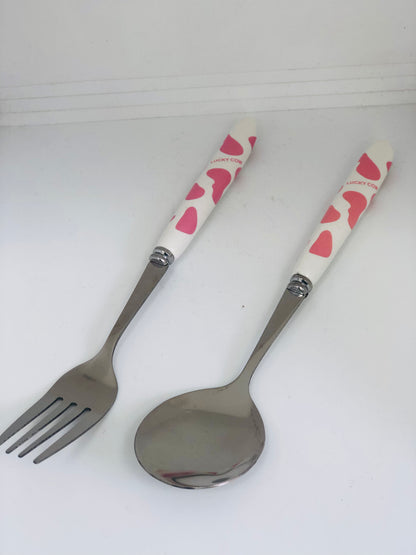 White and pink ceramic spoon and fork set