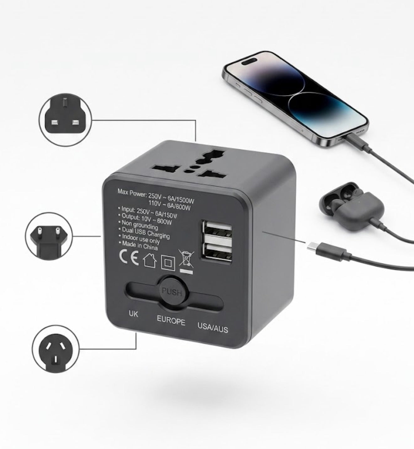 USB  محول سفر متعدد الجنسيات مع شاحن
