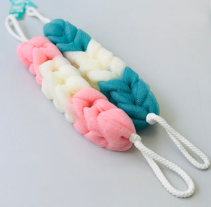 Long braided bath loofah in colors