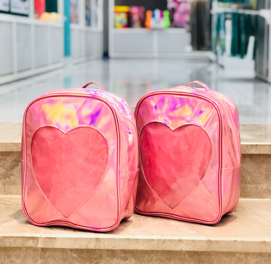 Girls pink backpack with shiny heart