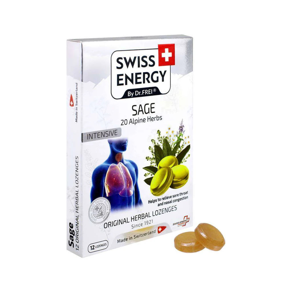 Swiss Energy, Sage, 20 Alpine herbs اقراص ضد التحاب الحلق وانسداد الانف